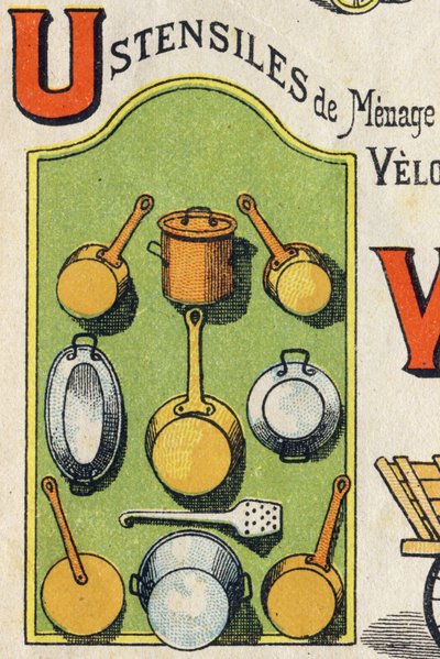 Letter U. Cocote, stove, squirrel, saucepan. Engraving in "ABC Toys". Epinal imaging in chromolithography, circa 1890 by Unbekannt