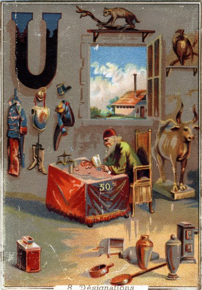 Letter U: uniforms; urn; urus; urubu; loan sharper; utensils; factory. Alphabet. Chromolithographs of Parisian Lithography, circa 1890 by Unbekannt