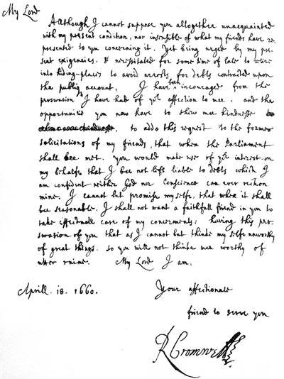 Letter from Richard Cromwell to George Monck, reporting that his 