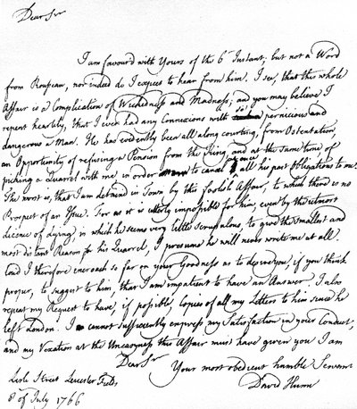 Letter written by David Hume to Richard Davenport referring to the great difficulties of his relationship with Jean-Jacques Rousseau, 8 July by Unbekannt