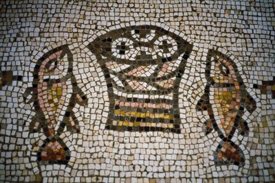 Loaves and fish, mosaic in the church of the Multiplication, 4th century, Tabgha, Israel by William M. Timlin