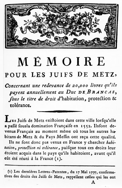Manifesto in Support of the Jews of Metz supporting the removal of the tax payable by Jews to the Duke of Brancas, c.1790 by Unbekannt
