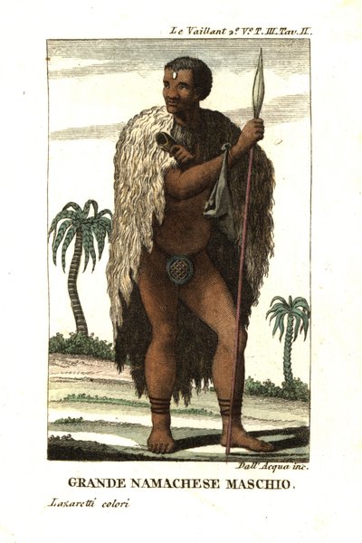 Noble Namaqua Man of South Africa. He wears a fur cape and codpiece, and holds a spear. From Francois Le Vaillant by Unbekannter Künstler