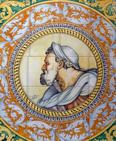Painted maiolica panel depicting old man
