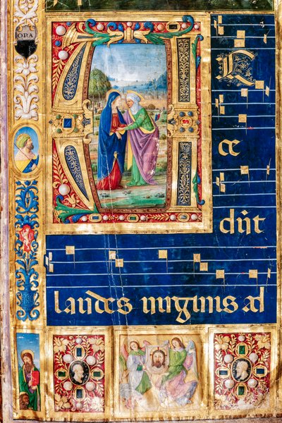 Piccolomini Library: choir book, cod. 14.P., ff. 2r with “The Visitation of Mary and St. Elizabeth” (detail) by Unbekannter Künstler