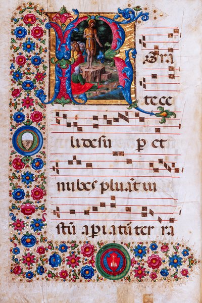Piccolomini Library: choir book, cod. 18.3, ff. 45v with “Preaching of St. John the Baptist”, by Girolamo da Cremona by Unbekannter Künstler