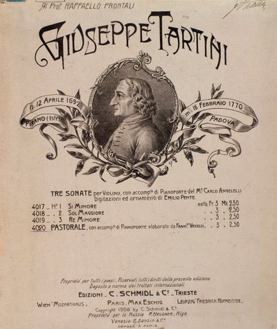Portrait of Giuseppe Tartini. Frontispiece of musical score of Sonatas by Unbekannter Künstler