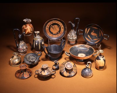 Pottery Group Showing an Etruscan Bucchero Ware Kantharos and a Gnathia Ware Guttus, Centre, Both 6th Century BC by Unbekannt