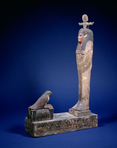 Ptah-Soker-Osiris figure standing on a box plinth facing a sarcophagus with a Horus falcon, funerary object, Egyptian, Ptolemaic Period, c. 200 BC by Unbekannt