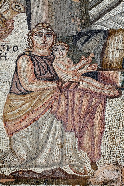 Representation of the newly born Achilles with his nurse, Anatrophe - Detail from the panel representing the first bath of Achilles - Paphos Mosaics, the villa of thesus 5th Century AD - Cyprus. by Unbekannt
