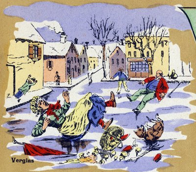 Residents of a Village Slipping on Ice in Winter. Illustrated Alphabet. Imageries Reunited in Jarville-Nancy, Beginning of the 20th Century by Unbekannt