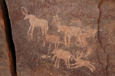 Engraving of a Set of Antelopes and a Dog in the Uweinat Massif, Egypt by Unbekannt