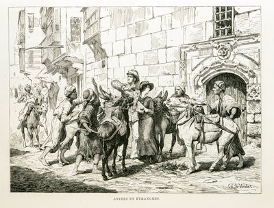 Satirical drawing depicting Western tourists surrounded by donkeys and their drivers - Illustration from the Atlas of Egypt by Unbekannt