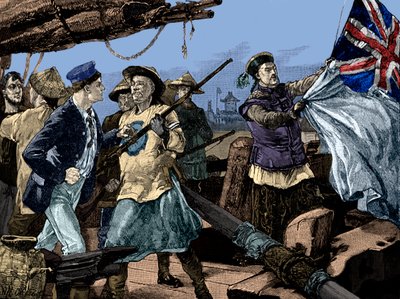 Second Opium War: Chinese Officials Pulling Down British Flag on Ship the Arrow by Unbekannter Künstler