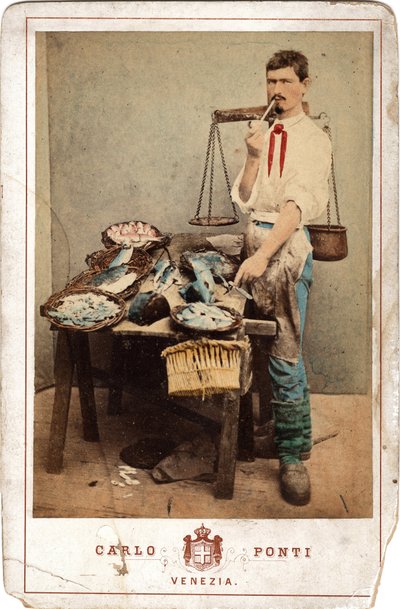 Small Trades: Portrait of Fish Monger, Close to His Stall of Fish, Venice - 19th Century by Unbekannt
