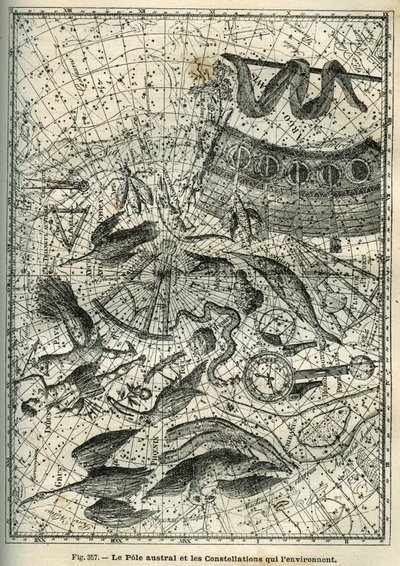 The Southern Pole and the surrounding constellations: Among the many constellations of the Southern Pole are the Indian, the Phoenix, the Bream, the Octant, the Clock, the Compass and the Ship. Engraving from Camille Flammarion