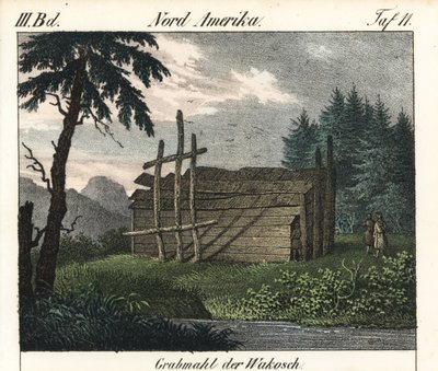 The Wood Tomb of the Wakashan Indians (Canada). Lithography for the book: “Galerie complete en tableaux fideles des peuples d