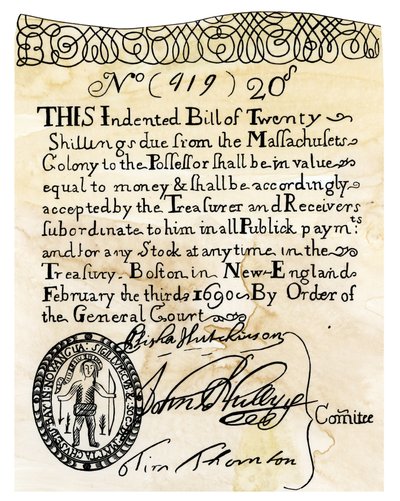 The First American Paper (Bank Note) Value of 20 Shillings, Issued by the General Court of the Boston Colony in 1690 by Unbekannter Künstler