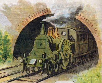 Train leaving a tunnel. Engraving in "ABC L