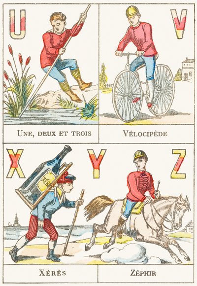 U V X Y Z; U: Une, deux et trois; V: Velocipede; X: Xeres; Z: Zephir - Games Alphabet, c.1890 by Unbekannt