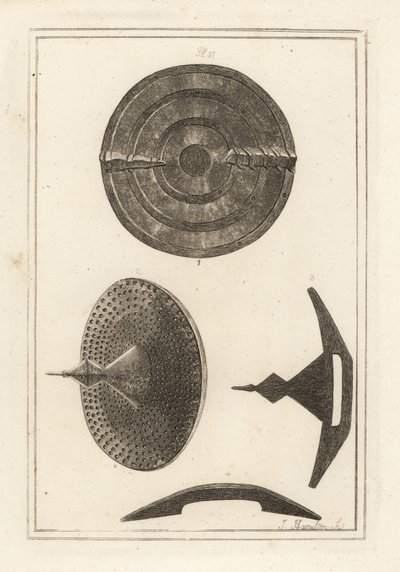 Views of an ancient concave roundel with umbo or spike made of leather skins, iron plate and brass nails by Unbekannt