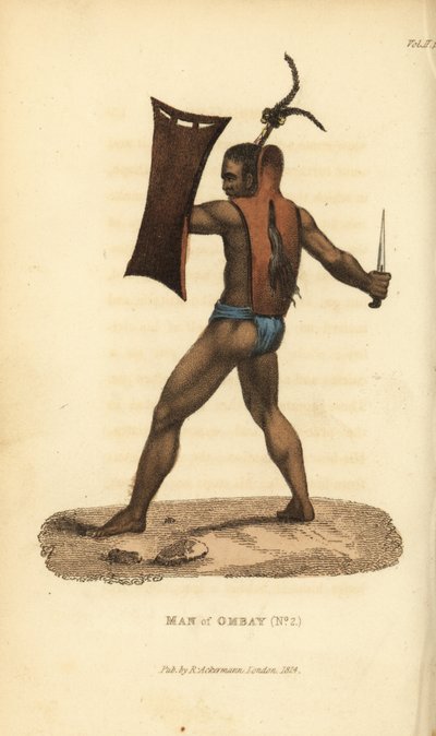 Warrior of Ombai with armour, shield and kris. He wears his hair tied up in a plume. Man of Ombai Island (Ombay), Indonesia. Handcoloured copperplate engraving after an illustration by Jacques Arago from Frederic Shoberl
