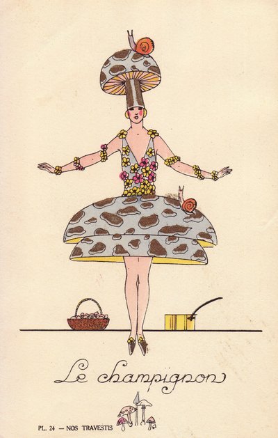 Woman in mushroom fancy dress costume, le mushroom, hat and dress in mushroom form, decorated with snails and flowers. Lithograph by unknown artist with stencil handcolouring from “Nos Travestis” (Our Fancy Dress Costumes), Paris by Unbekannter Künstler
