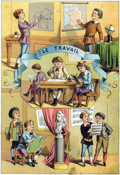 Work in the classroom. Engraving in 