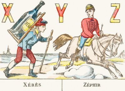 X Y Z: Sherry, Zephyr - A Boy Holding a Large Bottle of Wine and a Rider Galloping on His Horse Named Zephyr - Games Alphabet, circa 1890 (engraving) by Unbekannt