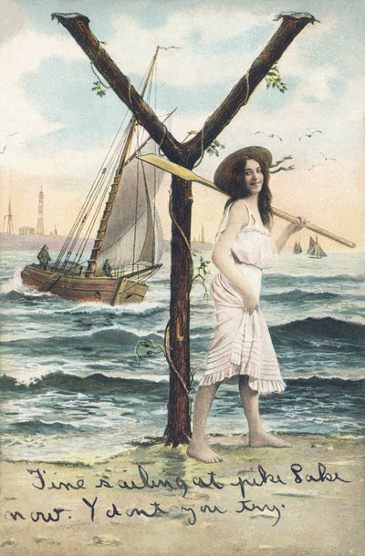 Y: A barefoot woman, dressed in a short sleeveless dress, holds an oar on her left shoulder. Marine decor - Alphabet Characters Ref Th. E., L. Theochrom - Series 994. Theodor Eisman, publisher, Leipzig by Unbekannt