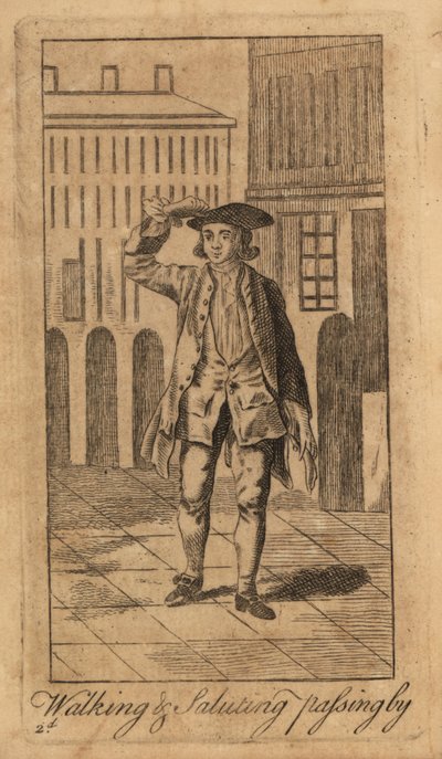 Young gentleman walking and saluting passerby on the street by Unbekannt