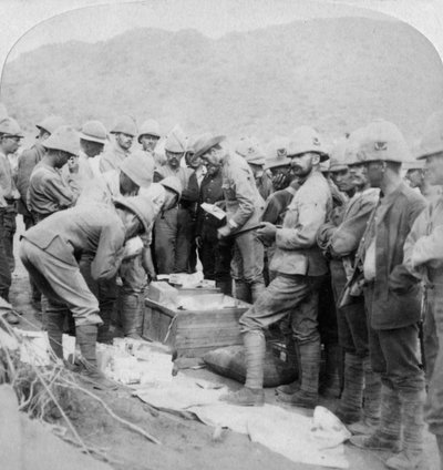 Christmas presents from home to the troops with Methuen at Modder River, South Africa, 1900 by Underwood and Underwood