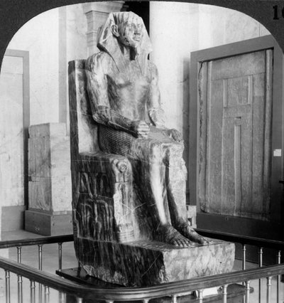 Diorite statue of King Khafre, builder of the second Pyramid of Giza, Cairo, Egypt, 1905 by Underwood and Underwood