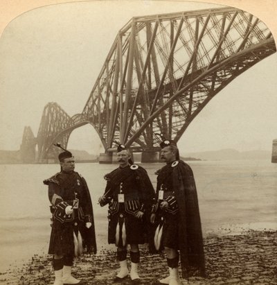 Men in Highland Dress in Front of the Forth Bridge, Scotland by Underwood and Underwood