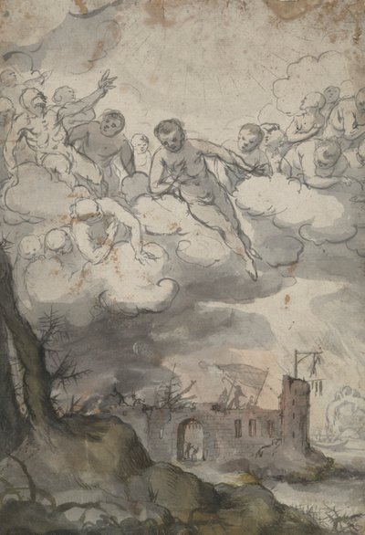 Celestial Figures Above a Castle Ravaged by Death and Devil by Unknown