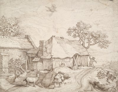 Farm Buildings with Peasants, a Goat, and the Abduction of Ganymede by Unknown
