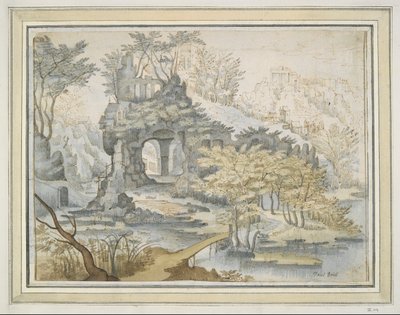Landscape with Buildings on Archway in Rocks by Unknown