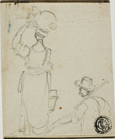 Man with Pole Following Woman with Jug on Head by Unknown