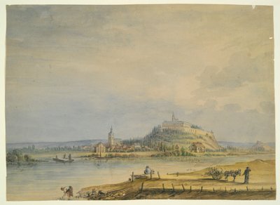 River Scene with Town, Castle on Hill and Laboring Peasants by Unknown