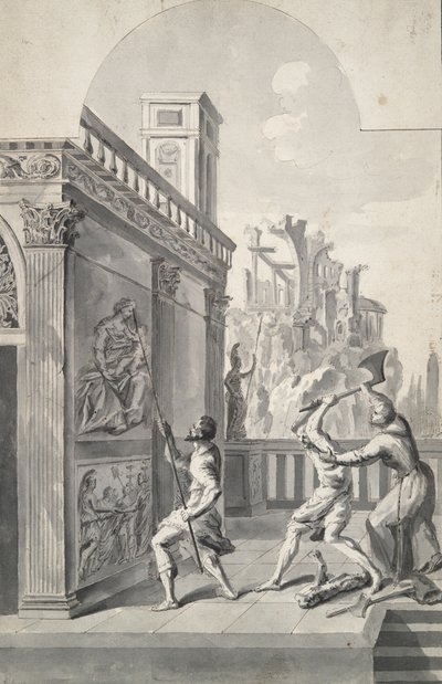 Unidentified Subject (three figures on a stage set?) by Unknown