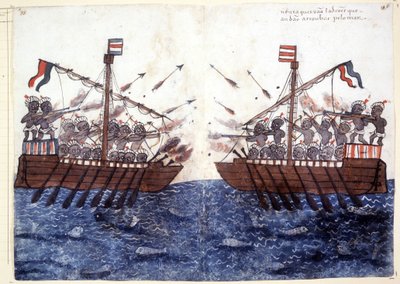 16th Century Engraving Depicting the Encounter with a Pirate Ship in the Indian Ocean. Rome Biblioteca Casantense by Unknown artist