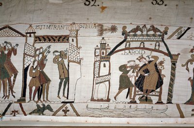 The appearance of the comet; A messenger warns King Harold II (1022 - 1066) - Bayeux tapestry, known as Embroidery of Queen Mathilde by Unknown artist