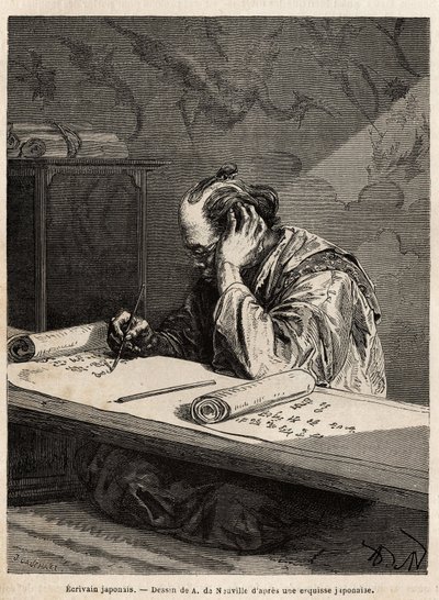 A Japanese writer at his work table, editing a text on a long roll that he rolls or unrolls according to the progress of his task. Engraving to illustrate the voyage to Japan, in 1863-1864, by Aime Humbert, minister of the Swiss Confederation, in Le tour by Unknown artist