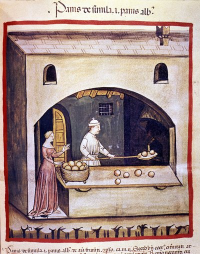 A baker prepares white bread and semolina bread. Illumination from the milking of medicine and dietetics 