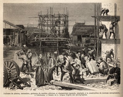 A construction site for a European house in Edo (Tokyo) with stone cutters, terrassiers, mortar gacheers, platriers and carpenters employed there. Engraving to illustrate the voyage to Japan by Unknown artist