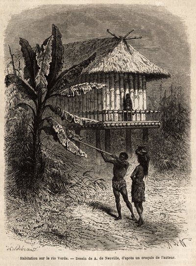 A couple of Indians from Rio Verde (Brazil) the man with his sarbacan, in front of a typical house on stilts. Engraving to illustrate the voyage to New Granada, by Dr. Saffray, in 1869, published in 