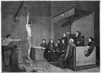 A court in the 15th century - interrogation. The question is suspended with weights on the feet. Engraving after the painting by Adolphe Steinheil (1850-1908) presented at the Salon de 1875 by Unknown artist
