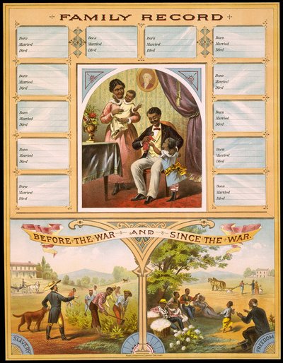 A diagram showing two farms that compare slavery and freedom. High part reserved for recording family anniversaries. Engraving, circa 1880 by Unknown artist