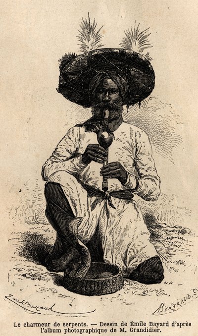 A Fakir, Snake Charmer. Engraving to Illustrate the Voyage in the Meridional Provinces of India, by Alfred Grandidier, in 1862-1864, Published in le tour du monde, under the Direction of Edouard Charton, Hachette, Paris 1869. Selva Collection. by Unknown artist