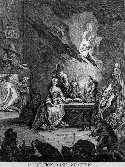 A girl is received by a witch, surrounded by monstrous creatures (at an initiation ceremony?). Engraving of the 17th century by Unknown artist